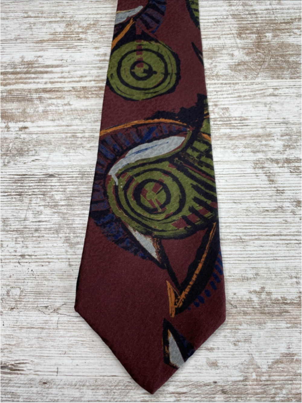 Vintage Zylos Abstract Face Silk Tie Burgundy Green Art Deco Necktie 55x4